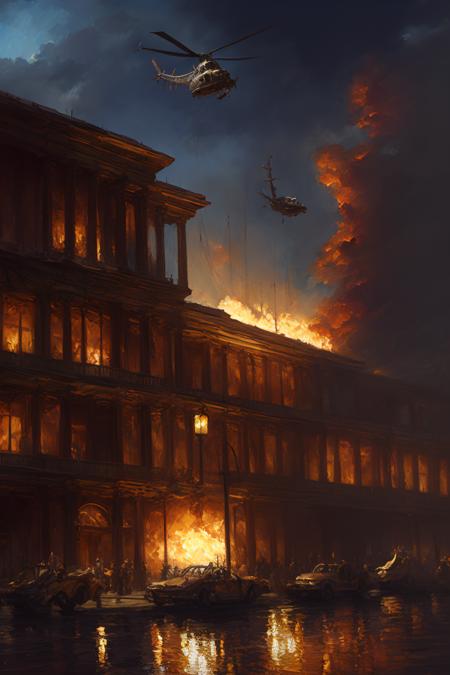 00807-2762843615-oil painting of a burning American museum, helicopters in the air in the background, nighttime, realistic, (intricate background.png